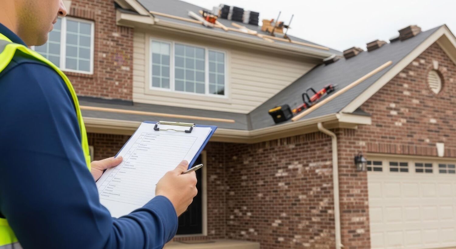 Inspector with clipboard examining a house roof and exterior