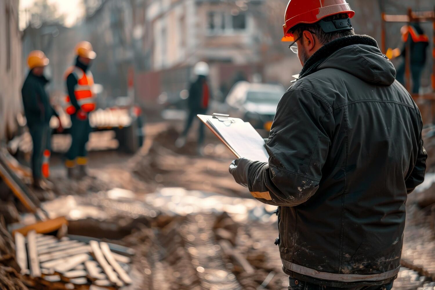 Site supervisor in red hard hat reviewing a clipboard at a demolition site