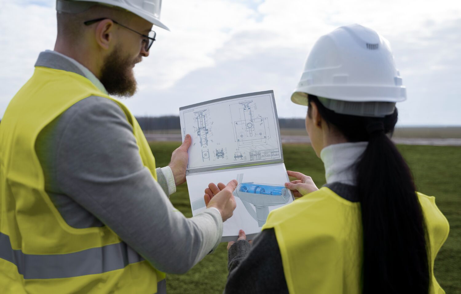Two engineers in safety vests reviewing site plans in the field