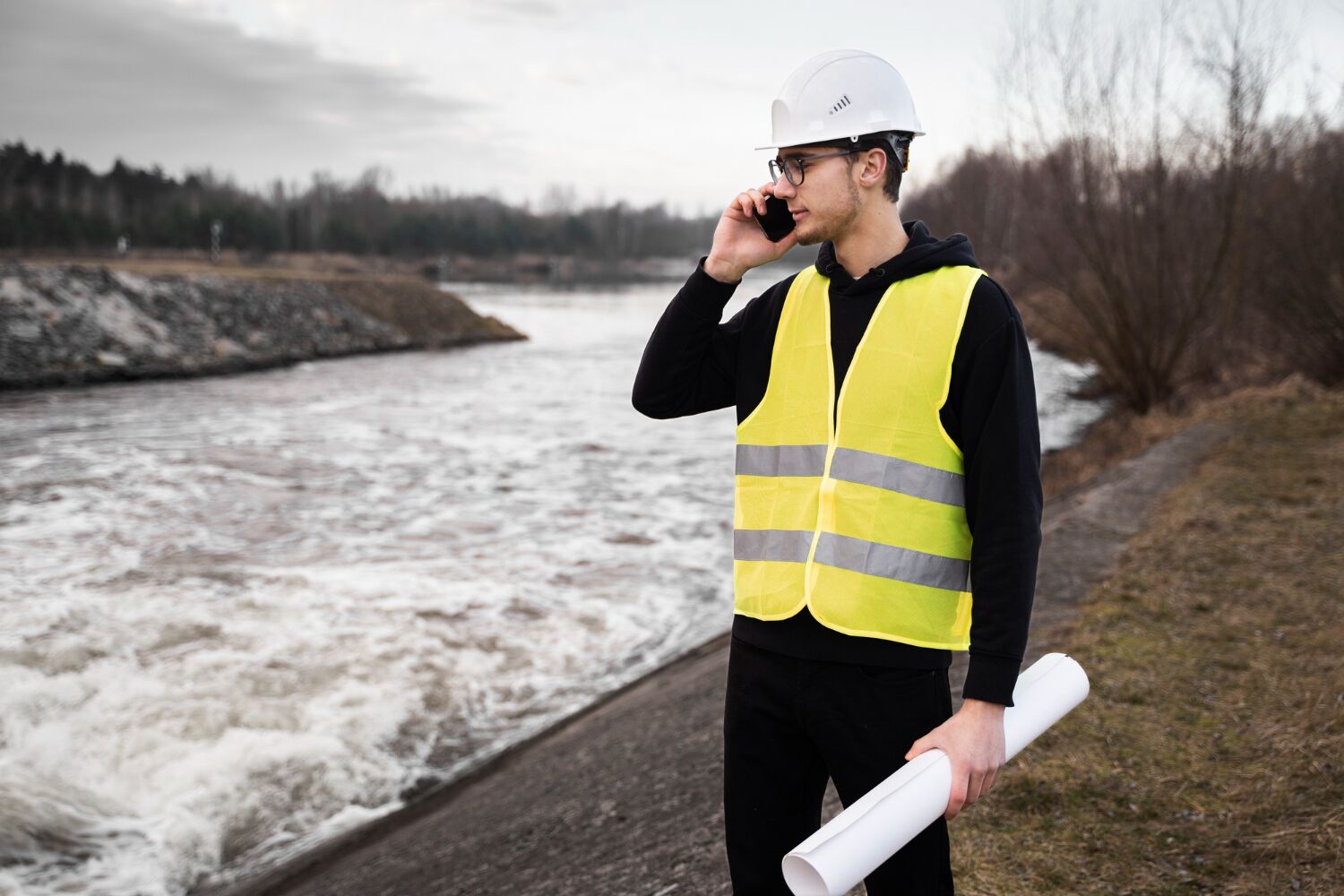Engineer in hard hat and safety vest on the phone beside a river, holding rolled plans