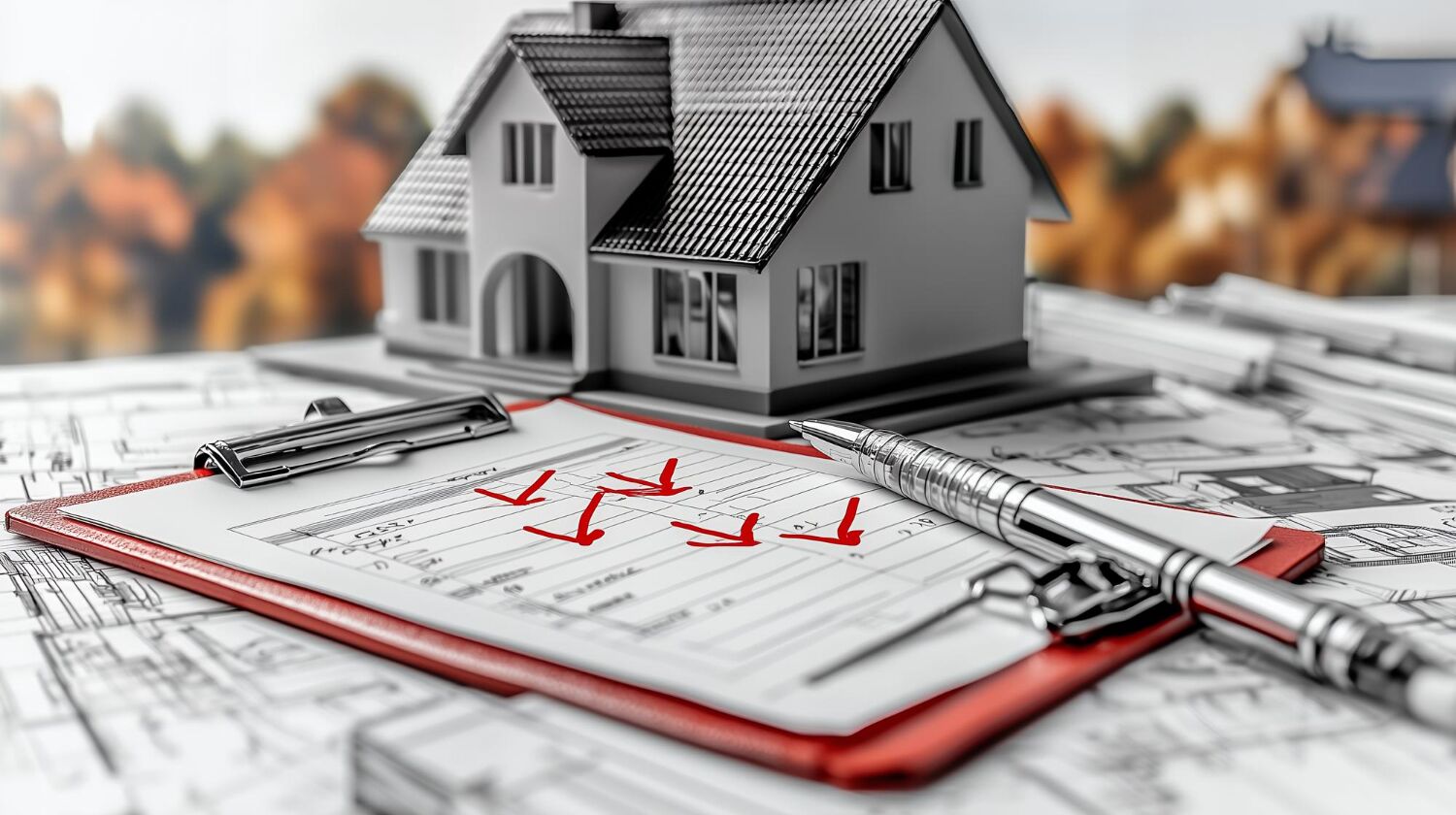 Model house on architectural drawings with a red pen