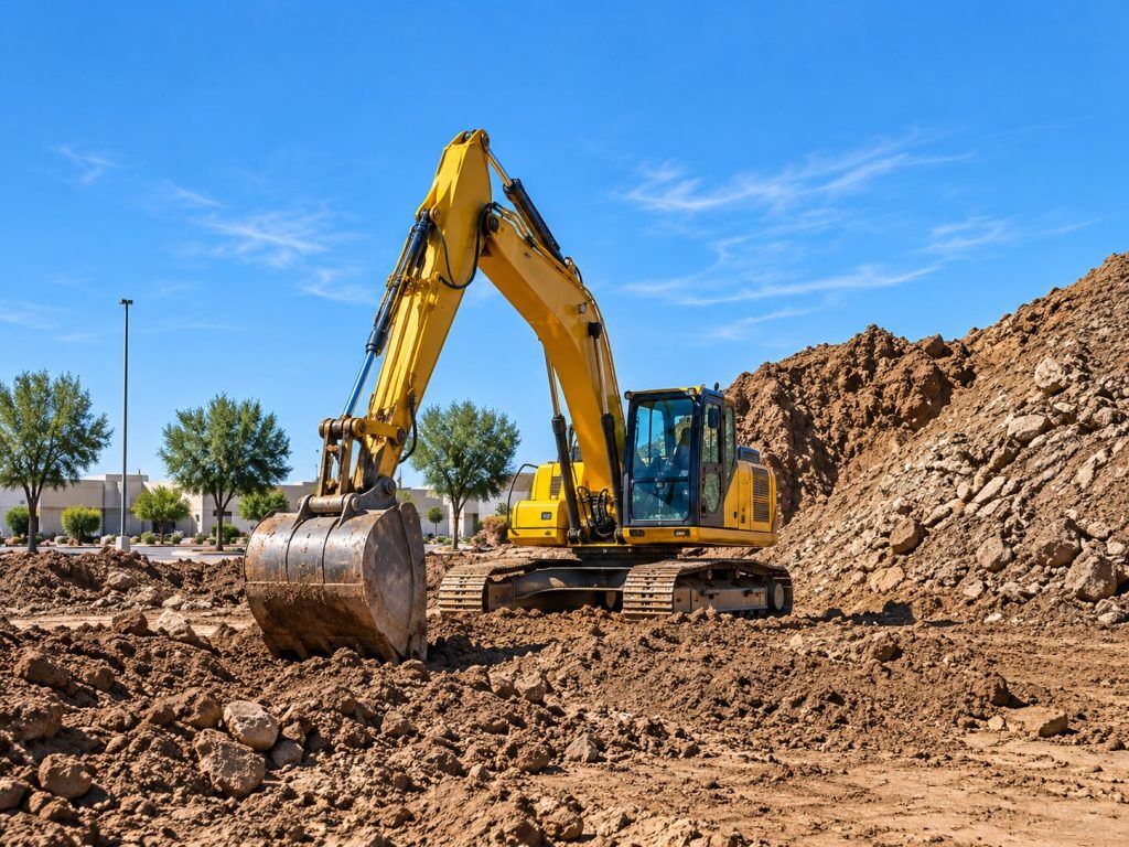 Excavator digging and moving soil at a remediation site