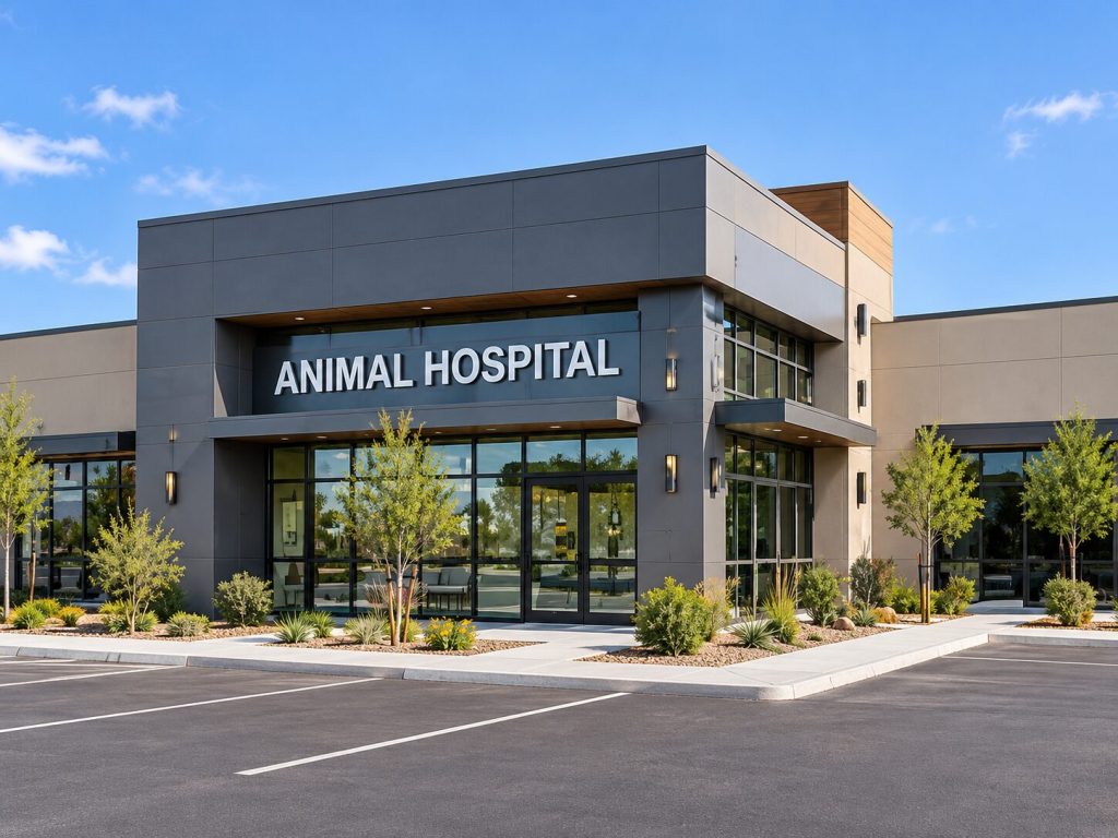 Animal hospital building exterior with parking lot