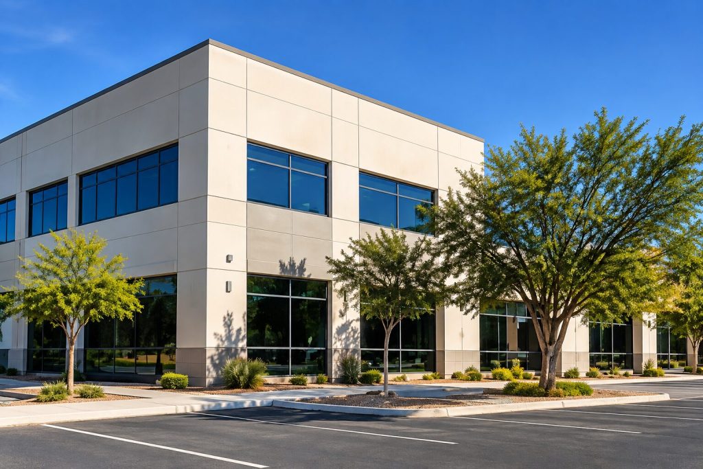 Two-story commercial office building with landscaped parking lot