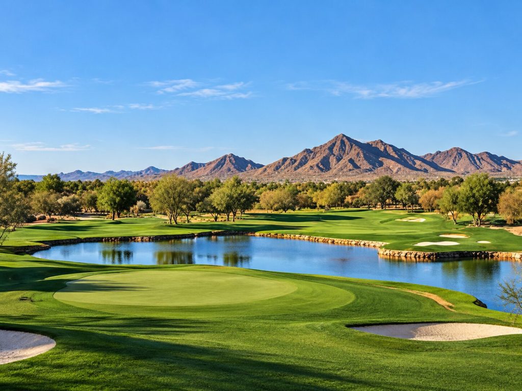 Golf course fairway and pond with mountains behind