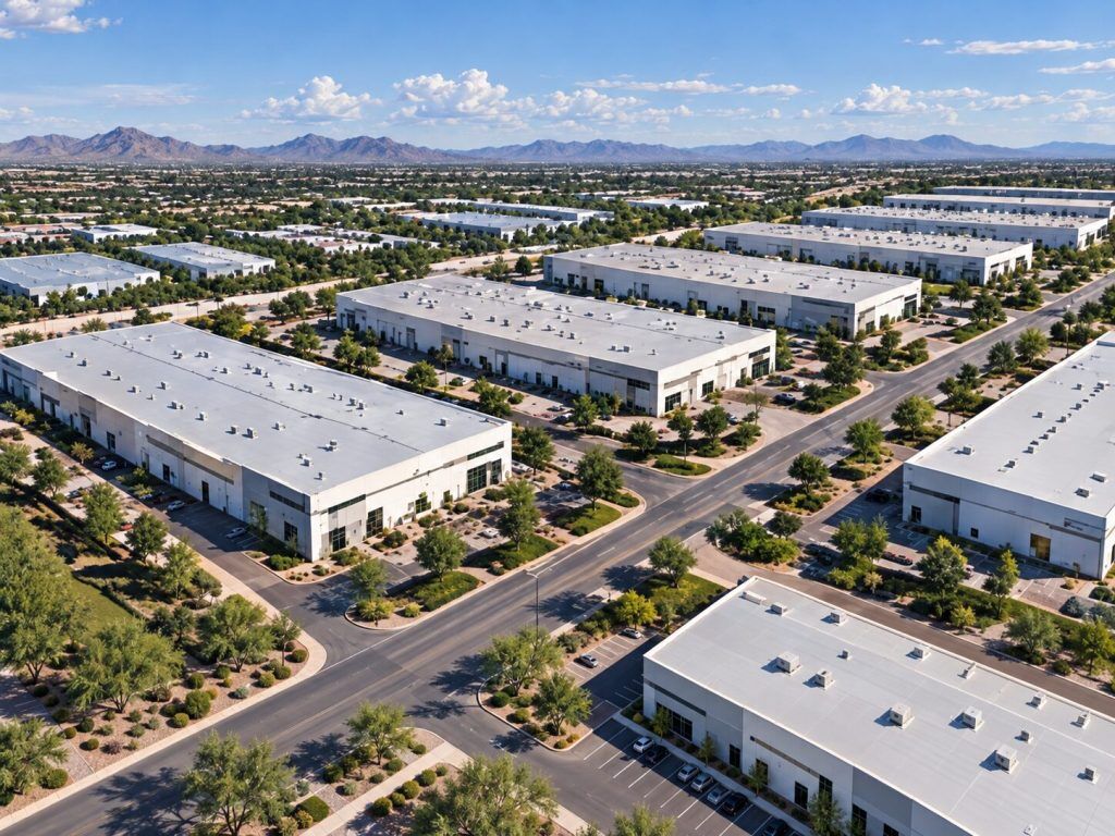 Aerial view of industrial park buildings