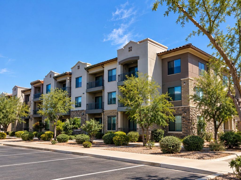 Three-story apartment complex with mature trees