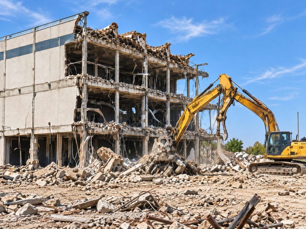 Excavator demolishing a multi-story building