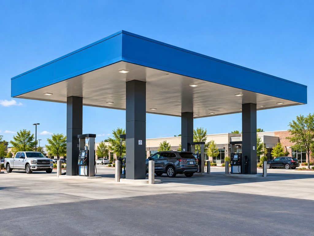 Gas station fuel canopy and pumps
