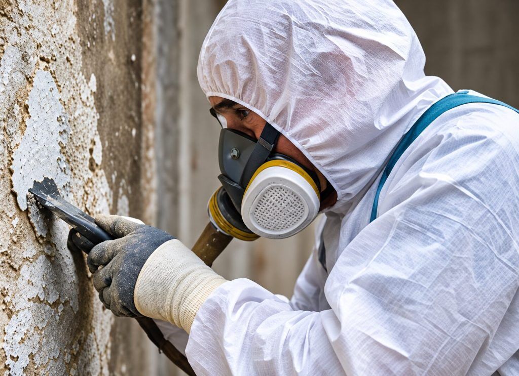 Worker in protective suit and respirator removing material from a wall