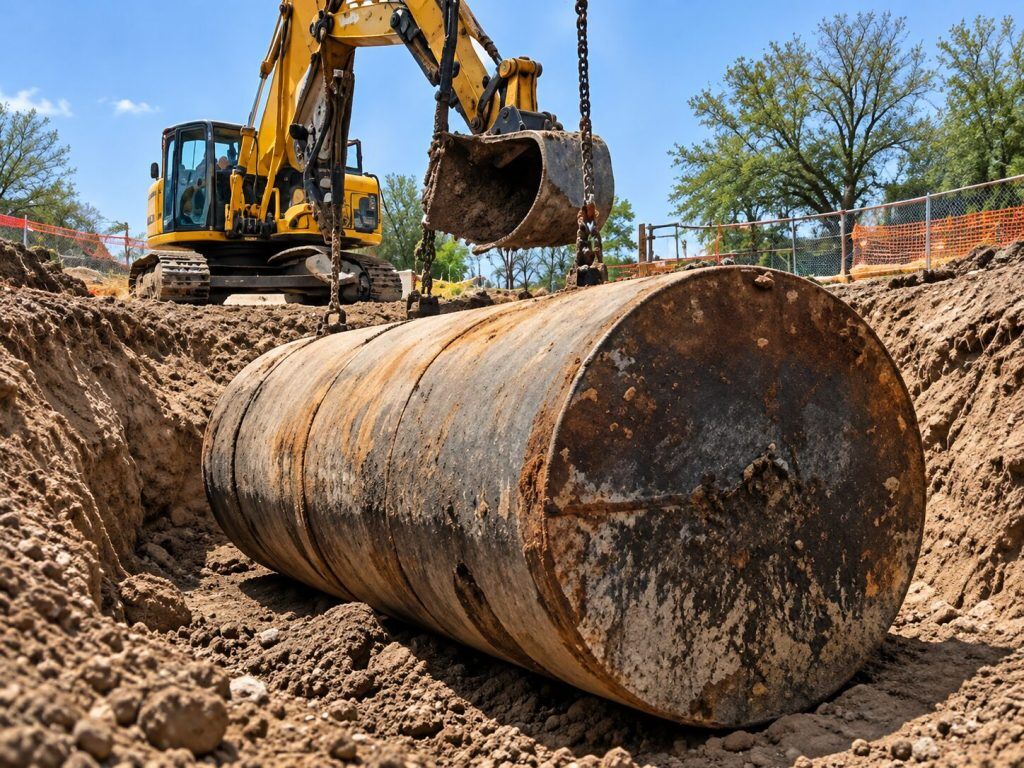 Excavator lifting a rusted underground storage tank out of the ground